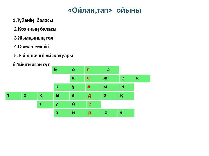 1.Түйенің баласы 2.Қоянның баласы 3.Жылқының төлі 4.Орман емшісі 5. Екі өркешті үй жануары 6.Ұйытылған сүт. «Ойлан,тап» ой