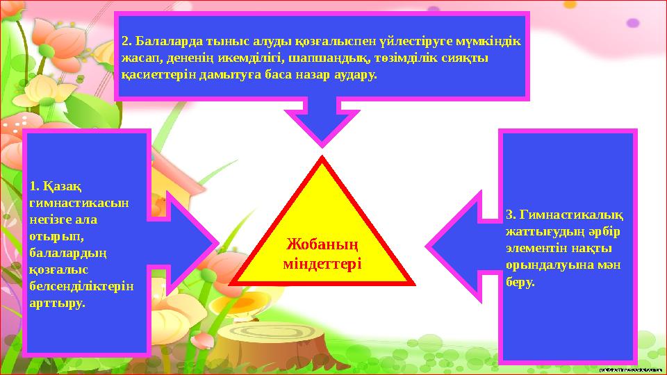 Жобаның міндеттері 3. Гимнастикалық жаттығудың әрбір элементін нақты орындалуына мән беру. 1. Қазақ гимнастикасын негізге