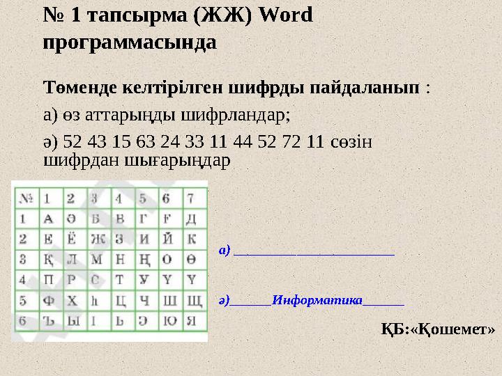 № 1 тапсырма (ЖЖ) Word программасында Төменде келтірілген шифрды пайдаланып : а) өз аттарыңды шифрландар; ә) 52 43 15 63 24 33