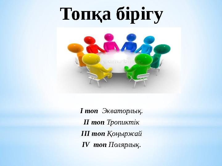 Топқа бірігу І топ Экваторлық. ІІ топ Тропиктік ІІІ топ Қоңыржай ІV топ Полярлық.