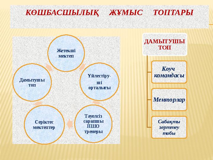КӨШБАСШЫЛЫҚ ЖҰМЫС ТОПТАРЫ Жетекші мектеп Үйлестіру- ші орталығы Тәуелсіз сарапшы ПШО тренеры Серіктес мектептер Да