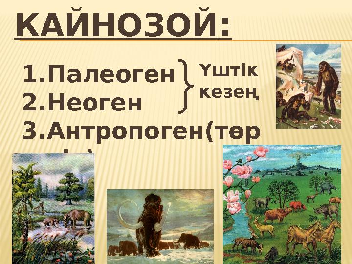 КАЙНОЗОЙ : 1.Палеоген 2.Неоген 3.Антропоген(төр ттік) Үштік кезең