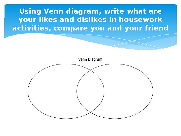 Using Venn diagram, write what are your likes and dislikes in housework activities, compare you and your friend