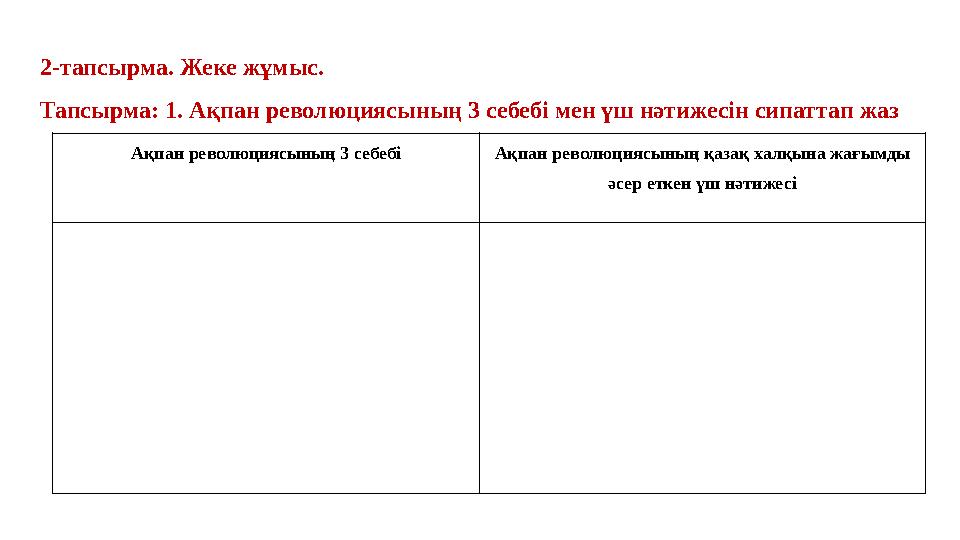 2-тапсырма. Жеке жұмыс. Тапсырма: 1. Ақпан революциясының 3 себебі мен үш нәтижесін сипаттап жаз Ақпан революциясының 3 себеб