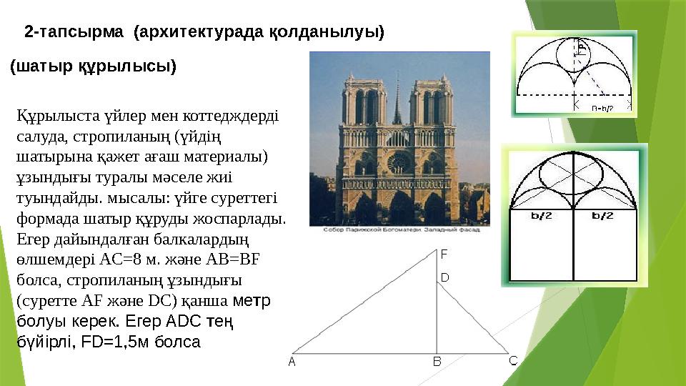 2-тапсырма (архитектурада қолданылуы) (шатыр құрылысы) Құрылыста үйлер мен коттедждерді салуда, стропиланың