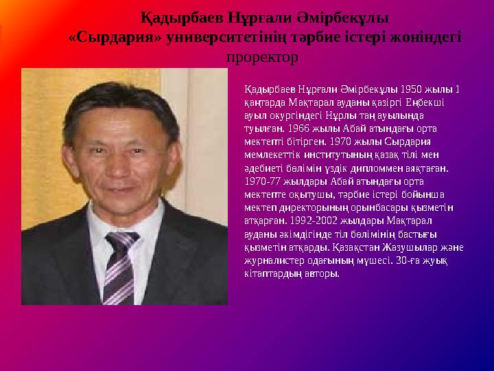 Қадырбаев Нұрғали Әмірбекұлы «Сырдария» университетінің тәрбие істері жөніндегі проректор Қадырбаев Нұрғали Әмірбекұлы 1950 жы