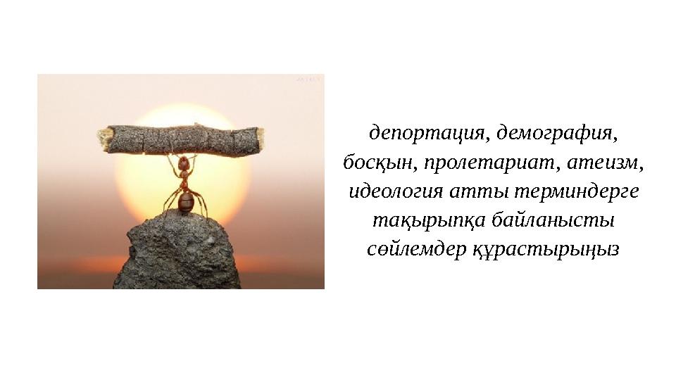депортация, демография, босқын, пролетариат, атеизм, идеология атты терминдерге тақырыпқа байланысты сөйлемдер құрастырыңыз