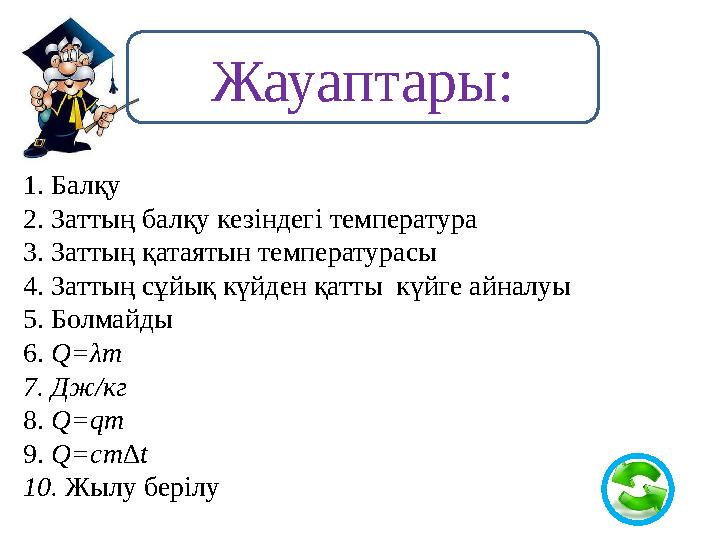 1. Балқу 2. Заттың балқу кезіндегі температура 3. Заттың қатаятын температурасы 4. Заттың сұйық күйден қатты күйге айналуы 5.