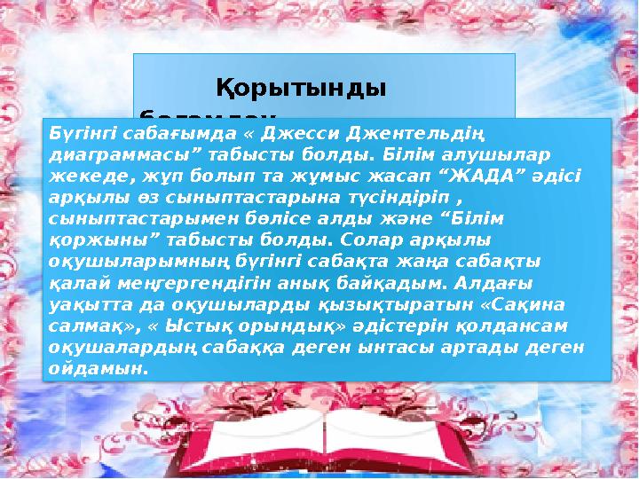 Қорытынды бағамдау Бүгінгі сабағымда « Джесси Джентельдің диаграммасы” табысты болды. Білім алушылар жекеде, жұп болып