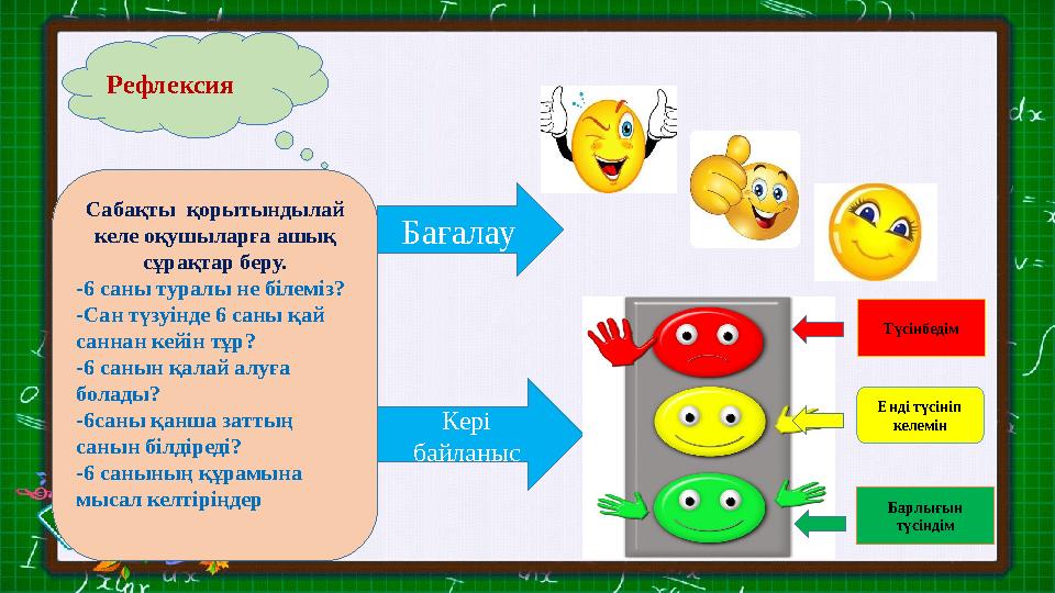Рефлексия Сабақты қорытындылай келе оқушыларға ашық сұрақтар беру. -6 саны туралы не білеміз? -Сан түзуінде 6 саны қай санна