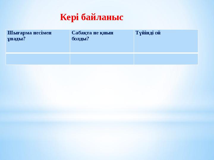 Шы ғарма несімен ұнады? Cабақта не қиын болды? Түйінді ой Кері байланыс