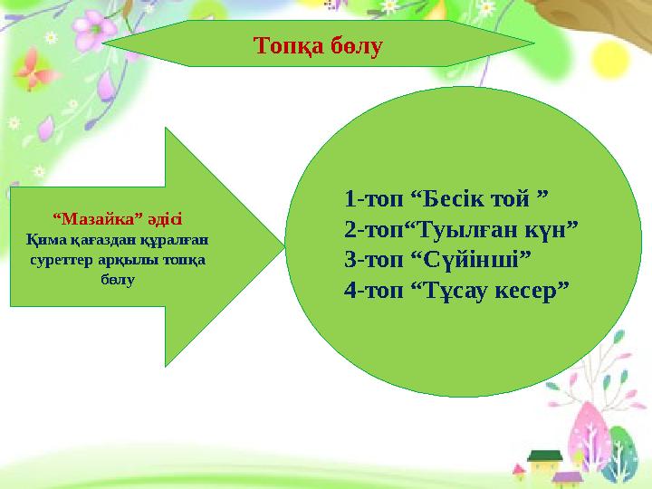 Топқа бөлу “Мазайка” әдісі Қима қағаздан құралған суреттер арқылы топқа бөлу 1-топ “Бесік той ” 2-топ“Туылған күн” 3-топ “Сү