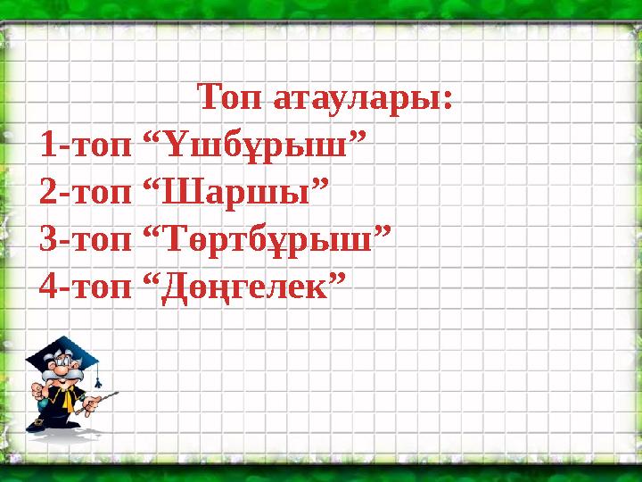 Топ атаулары: 1-топ “Үшбұрыш” 2-топ “Шаршы” 3-топ “Төртбұрыш” 4-топ “Дөңгелек”