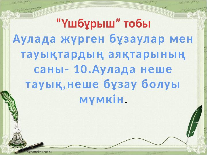“Үшбұрыш” тобы Аулада жүрген бұзаулар мен тауықтардың аяқтарының саны- 10.Аулада неше тауық,неше бұзау болуы мүмкін.