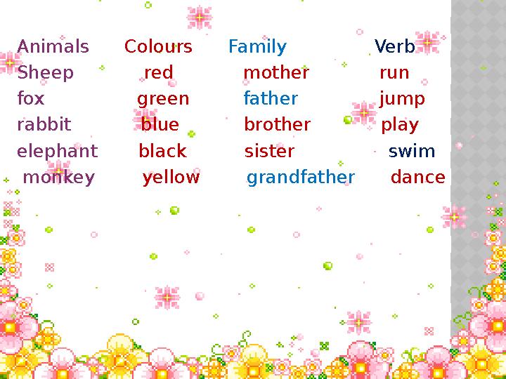 Animals Colours Family Verb Sheep red mother run fox green