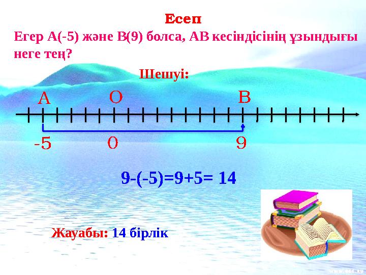 Есеп Егер А(-5) және В(9) болса, АВ кесіндісінің ұзындығы неге тең? Шешуі: 0 ВО -5 А 9 9-(-5)=9+5=