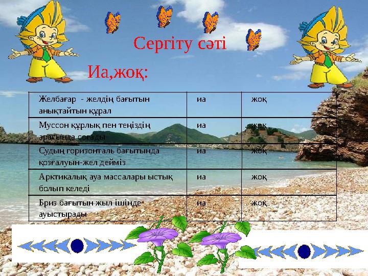 Сергіту сәті Иа,жоқ: Желбағар - желдің бағытын анықтайтын құрал иа жоқ Муссон құрлық пен теңіздің арасында соғады иа жоқ Суды