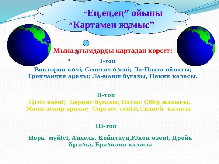 “Ең,ең,ең” ойыны “Картамен жұмыс” Мына ұғымдарды картадан көрсет: Виктория көлі; Сенегал өзені; Ла-Плата ойпаты; Гренлан