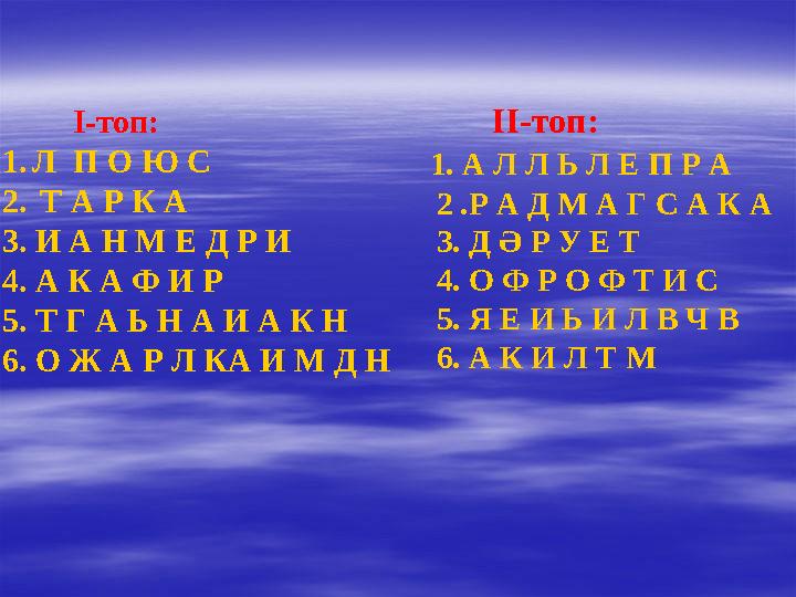 І-топ: 1.Л П О Ю С 2. Т А Р К А 3. И А Н М Е Д Р И 4. А К А Ф И Р 5. Т Г А Ь Н А И А К Н 6. О Ж А Р Л КА И М Д Н