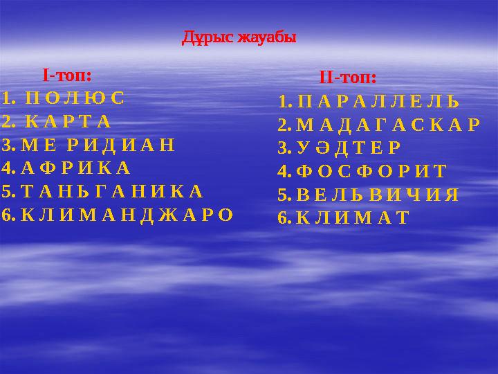 І-топ: 1. П О Л Ю С 2. К А Р Т А 3. М Е Р И Д И А Н 4. А Ф Р И К А 5. Т А Н Ь Г А Н И К А 6. К Л И М А Н Д Ж А Р О
