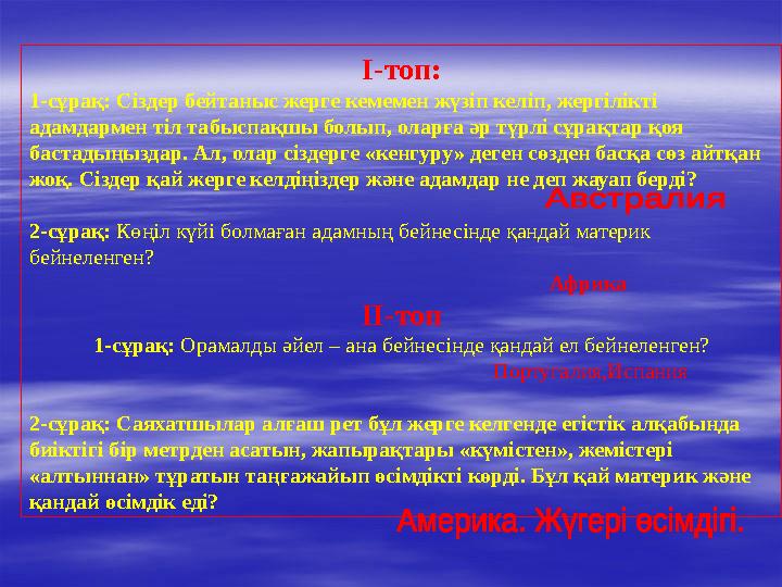І-топ: 1-сұрақ: Сіздер бейтаныс жерге кемемен жүзіп келіп, жергілікті адамдармен тіл табыспақшы болып, оларға әр түрлі сұрақтар