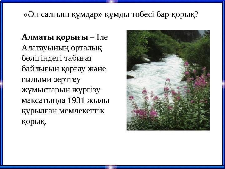Алматы қорығы – Іле Алатауының орталық бөлігіндегі табиғат байлығын қорғау және ғылыми зерттеу жұмыстарын жүргізу мақсатын