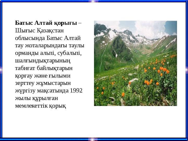 Батыс Алтай қорығы – Шығыс Қазақстан облысында Батыс Алтай тау жоталарындағы таулы орманды альпі, субальпі, шалғындықтарыны