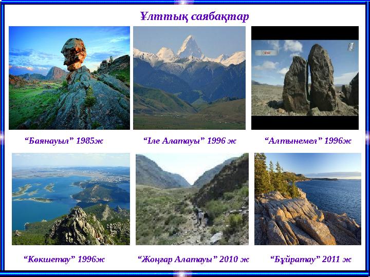 Ұлттық саябақтар “Баянауыл” 1985ж “Іле Алатауы” 1996 ж “Алтынемел” 1996ж “Көкшетау” 1996ж “Жоңғар Алатауы” 2010 ж “Бұйратау” 201