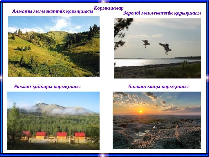 Қорықшалар Алматы мемлекеттік қорықшасы Зеренді мемлекеттік қорықшасы Рахман қайнары қорықшасы Балқаш маңы қорықшасы