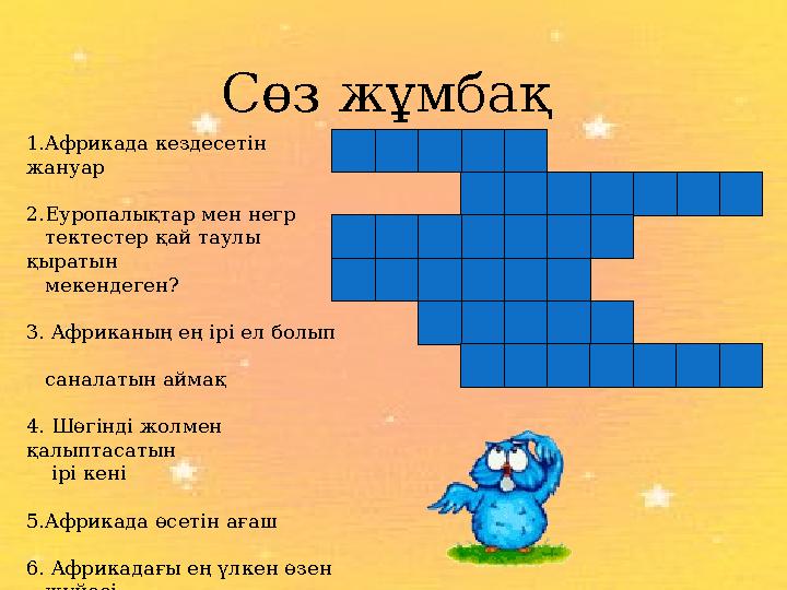 1.Африкада кездесетін жануар 2.Еуропалықтар мен негр тектестер қай таулы қыратын мекендеген? 3. Африканың ең ірі ел