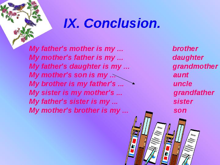 IX. Conclusion. My father's mother is my ... brother My mother's father is my ...