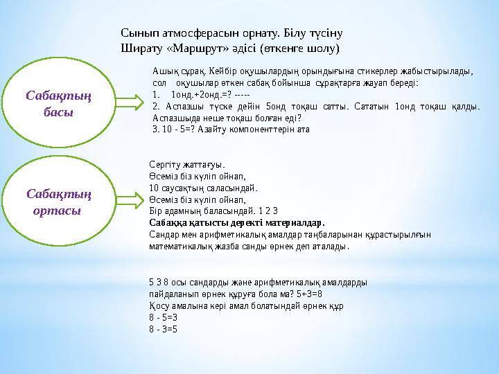 Сабақтың басы Сабақтың ортасы Сынып атмосферасын орнату. Білу түсіну Ширату «Маршрут» әдісі (өткенге шолу) Ашық сұрақ. Кейбір