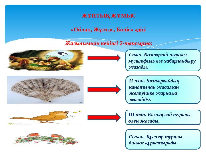 ЖҰПТЫҚ ЖҰМЫС «Ойлан, Жұптас, Бөліс» әдісі Жазылымнан кейінгі 2-тапсырма: І топ. Бозторғай туралы мультфильмге хабарландыру