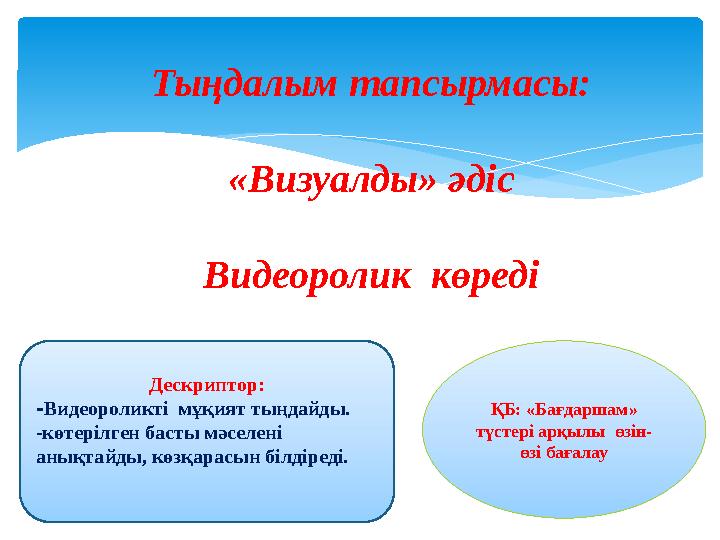 Дескриптор: -Видеороликті мұқият тыңдайды. -көтерілген басты мәселені анықтайды, көзқарасын білдіреді. ҚБ: «Бағдаршам» түст