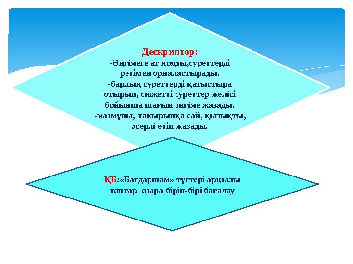 Дескриптор: -Әңгімеге ат қояды,суреттерді ретімен орналастырады. -барлық суреттерді қатыстыра отырып, сюжетті суреттер желіс