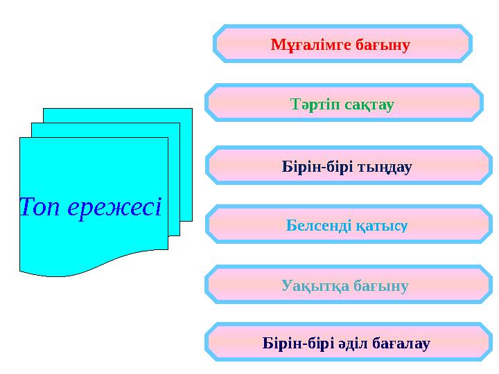Топ ережесі Мұғалімге бағыну Тәртіп сақтау Бірін-бірі тыңдау Белсенді қатысу Уақытқа бағыну Бірін-бірі әділ бағалау