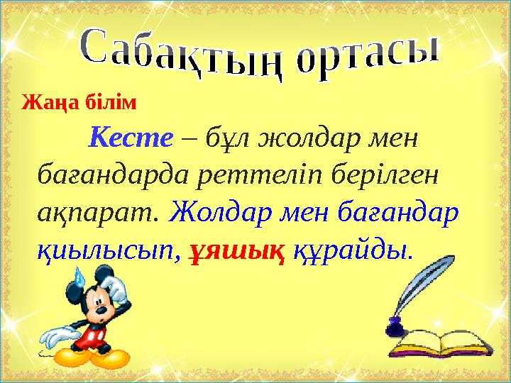 Жаңа білім Кесте – бұл жолдар мен бағандарда реттеліп берілген ақпарат. Жолдар мен бағандар қиылысып, ұяшық құрайды.