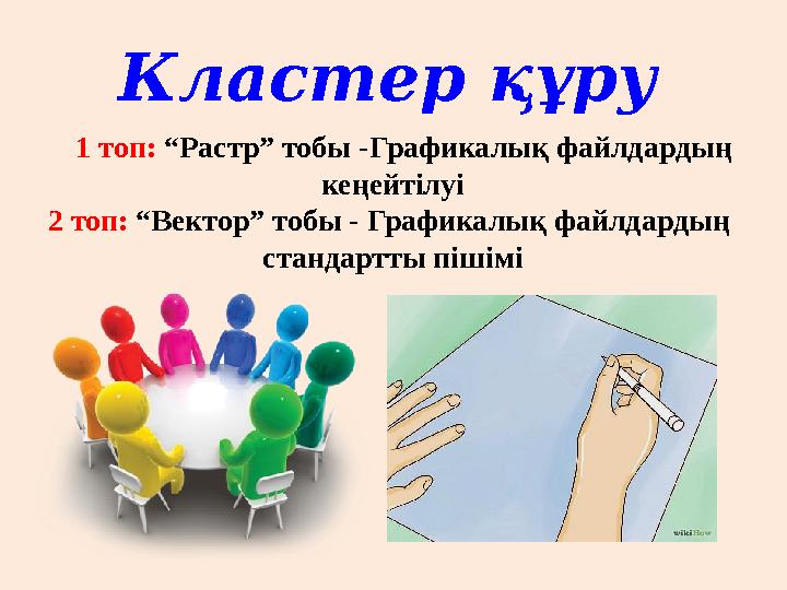 Кластер құру 1 топ: “Растр” тобы -Графикалық файлдардың кеңейтілуі 2 топ: “Вектор” тобы - Графикалық файлдардың стандартты