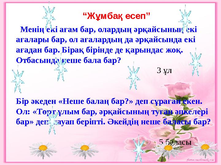 “Жұмбақ есеп” Менің екі ағам бар, олардың әрқайсының екі ағалары бар, ол ағалардың да әрқайсында екі ағадан бар. Бірақ бірі