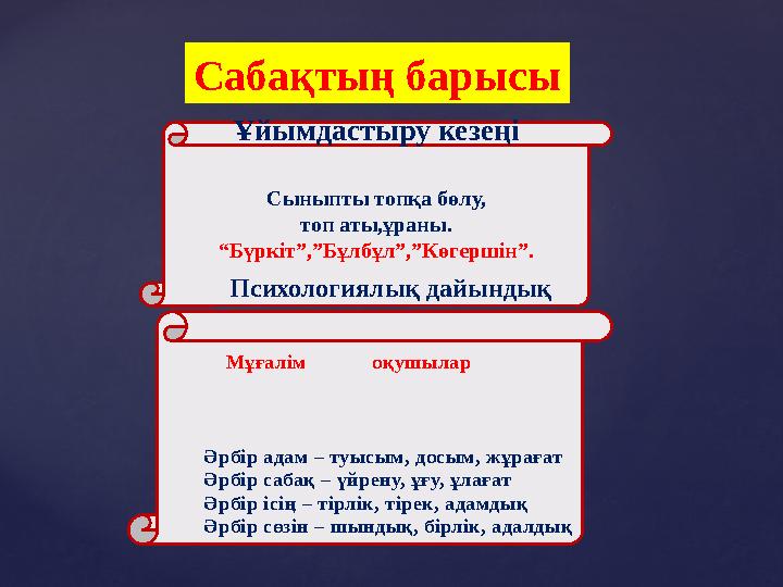 Сабақтың барысы Ұйымдастыру кезеңі Сыныпты топқа бөлу, топ аты,ұраны. “Бүркіт”,”Бұлбұл”,”Көгершін”. Психологиялы