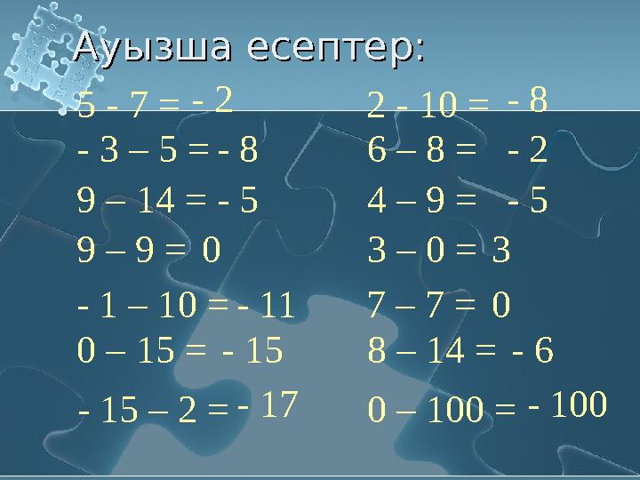 Ауызша есептер: Ауызша есептер: 5 - 7 =- 2 - 3 – 5 =- 8 9 – 14 =- 5 9 – 9 =0 - 1 – 10 = - 11 0 – 15 = - 15 - 15 – 2 =- 17 2 -