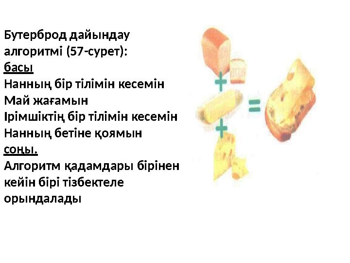 Бутерброд дайындау алгоритмі (57-сурет): басы Нанның бір тілімін кесемін Май жағамын Ірімшіктің бір тілімін кесемін Нанның беті