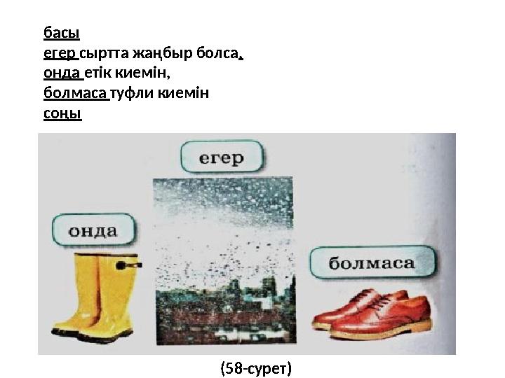 басы егер сыртта жаңбыр болса, онда етік киемін, болмаса туфли киемін соңы (58-сурет)