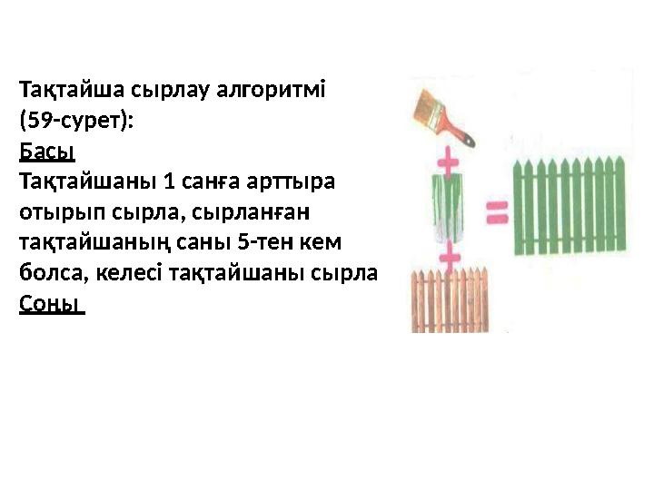 Тақтайша сырлау алгоритмі (59-сурет): Басы Тақтайшаны 1 санға арттыра отырып сырла, сырланған тақтайшаның саны 5-тен кем бол