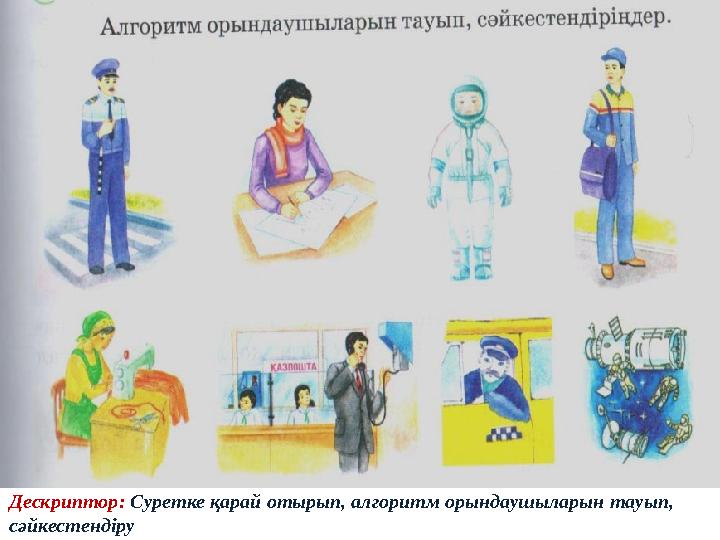 Дескриптор: Суретке қарай отырып, алгоритм орындаушыларын тауып, сәйкестендіру