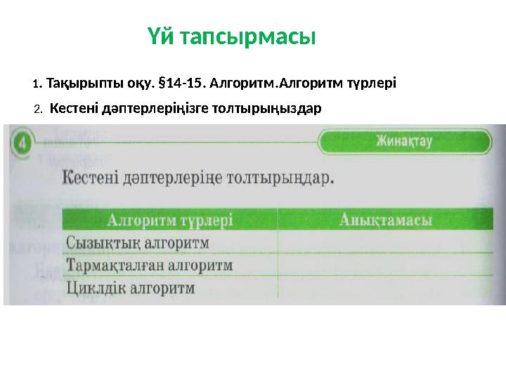 2. Кестені дәптерлеріңізге толтырыңыздар Үй тапсырмасы 1. Тақырыпты оқу. §14-15. Алгоритм.Алгоритм түрлері