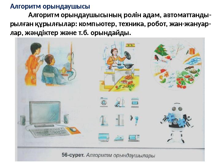 Алгоритм орындаушысы Алгоритм орындаушысының ролін адам, автоматтанды- рылған құрылғылар: компьютер, техника, робот,