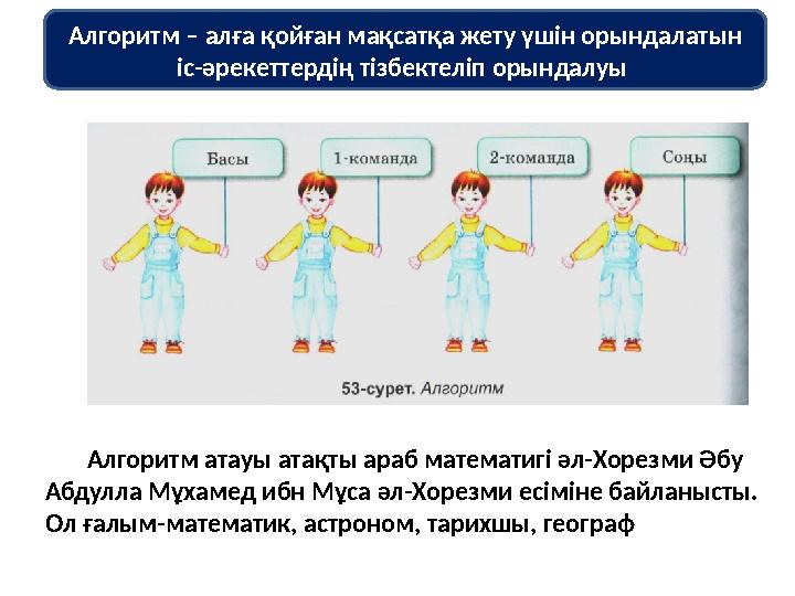 Алгоритм атауы атақты араб математигі әл-Хорезми Әбу Абдулла Мұхамед ибн Мұса әл-Хорезми есіміне байланысты. Ол ғалым-ма