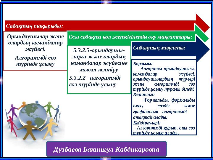 Сабақтың тақырыбы: Орындаушылар және олардың командалар жүйесі. Алгоритмді сөз түрінде ұсыну Осы сабақта қол жеткізілетін оқ