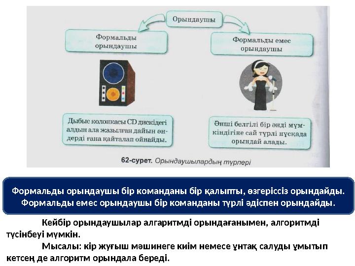 Формальды орындаушы бір команданы бір қалыпты, өзгеріссіз орындайды. Формальды емес орындаушы бір команданы түрлі әдіспен орында